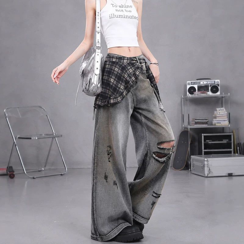 Vintage Distressed Ripped Wide Leg Jeans with Plaid Skirt Overlay