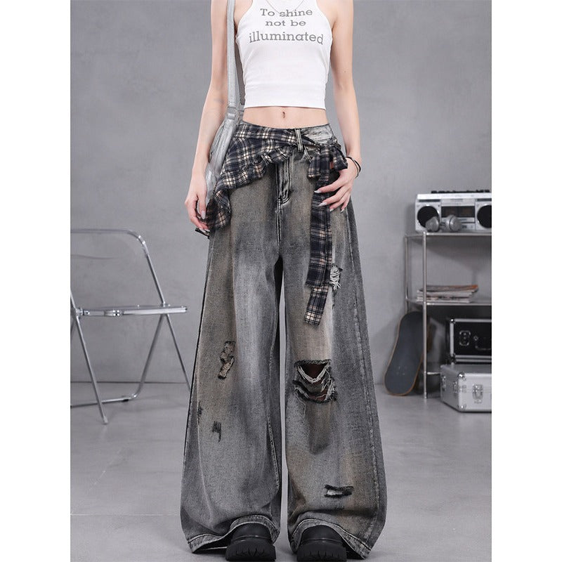 Vintage Distressed Ripped Wide Leg Jeans with Plaid Skirt Overlay