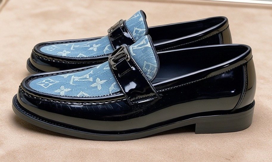 Louis Vuitton Black Loafers with Blue Patterned Vamps