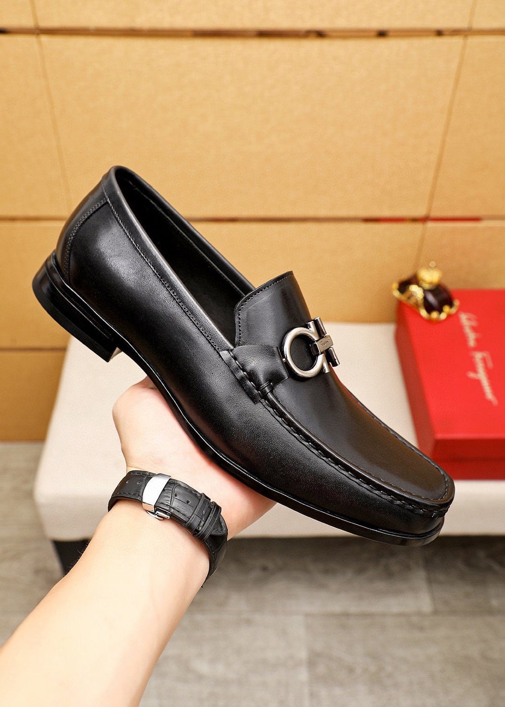 Ferragamo Black Metal-Hardware Loafers - Rubber Outsole