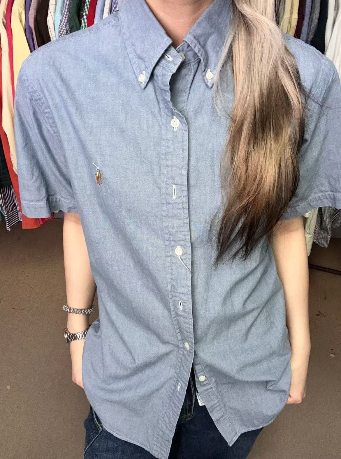 Ralph Lauren Slub Denim Short-Sleeve Button-Up Shirt